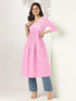 Janasya Women's Light Pink Pure Cotton Yoke Embroidered A-line Kurta